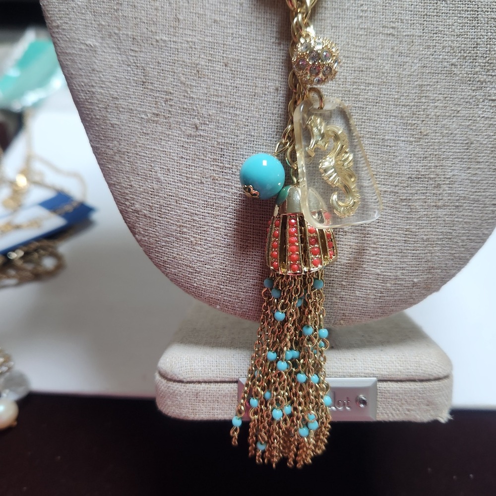 Lilly Pulitzer Gold Seahorse Tassel Statement Necklace Turquoise Coral Nautical - Picture 7 of 16